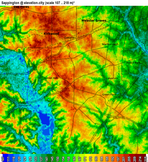 Zoom OUT 2x Sappington, United States elevation map