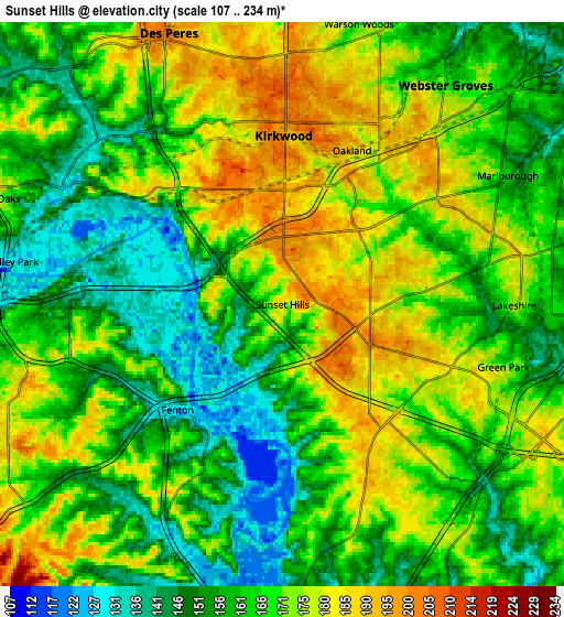 Zoom OUT 2x Sunset Hills, United States elevation map