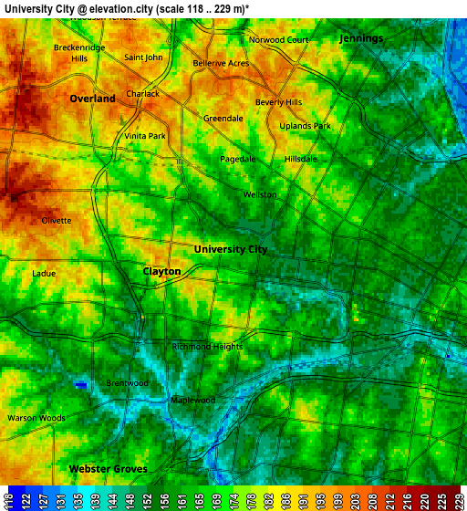 Zoom OUT 2x University City, United States elevation map
