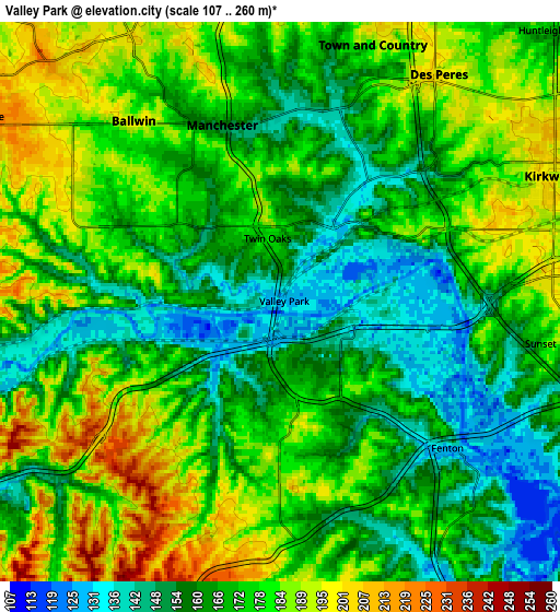 Zoom OUT 2x Valley Park, United States elevation map