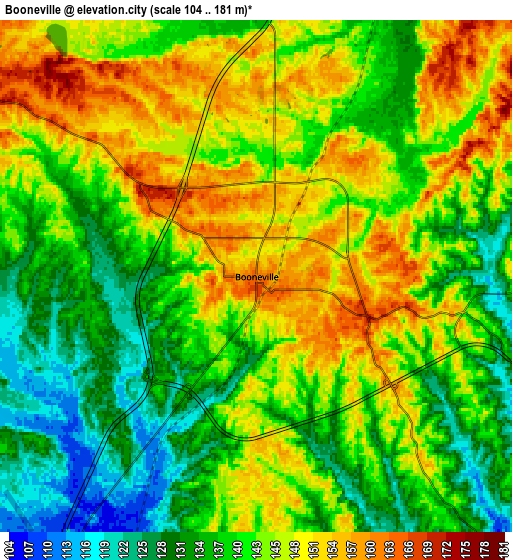 Zoom OUT 2x Booneville, United States elevation map