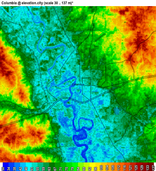 Zoom OUT 2x Columbia, United States elevation map