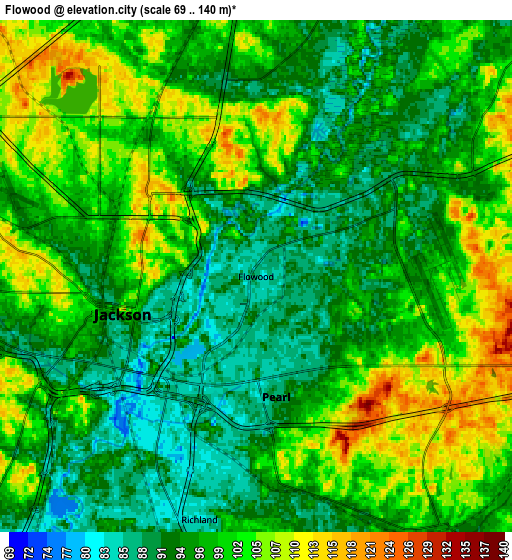 Zoom OUT 2x Flowood, United States elevation map