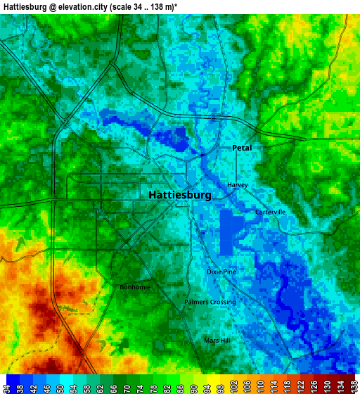 Zoom OUT 2x Hattiesburg, United States elevation map