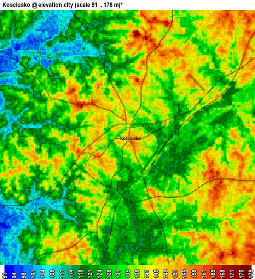 Zoom OUT 2x Kosciusko, United States elevation map