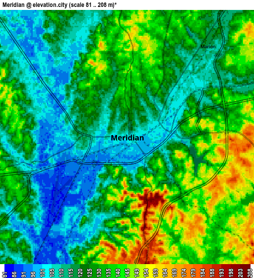 Zoom OUT 2x Meridian, United States elevation map