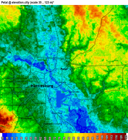 Zoom OUT 2x Petal, United States elevation map