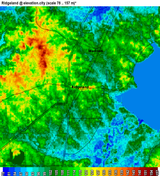 Zoom OUT 2x Ridgeland, United States elevation map