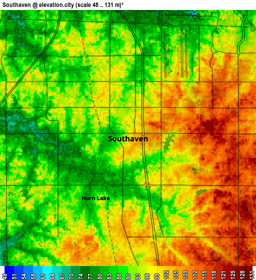 Zoom OUT 2x Southaven, United States elevation map