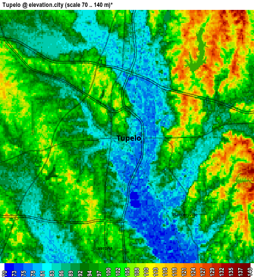 Zoom OUT 2x Tupelo, United States elevation map