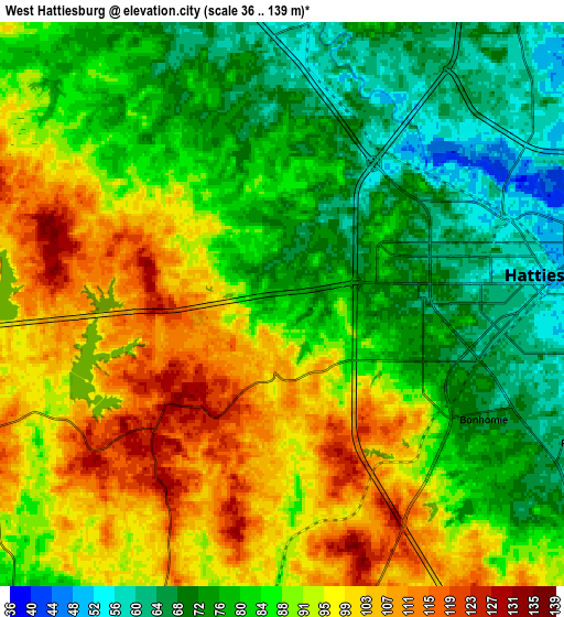 Zoom OUT 2x West Hattiesburg, United States elevation map