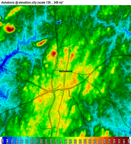 Zoom OUT 2x Asheboro, United States elevation map