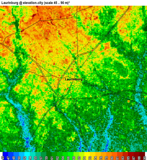 Zoom OUT 2x Laurinburg, United States elevation map