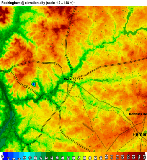 Zoom OUT 2x Rockingham, United States elevation map