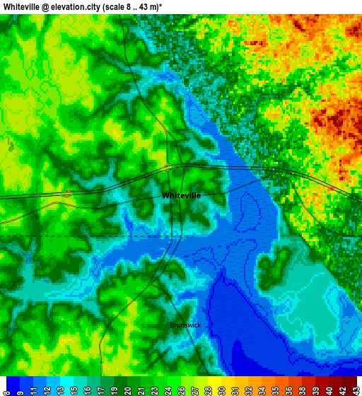 Zoom OUT 2x Whiteville, United States elevation map