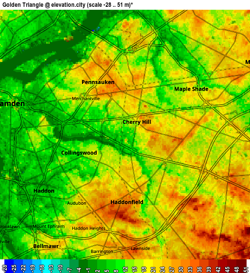 Zoom OUT 2x Golden Triangle, United States elevation map