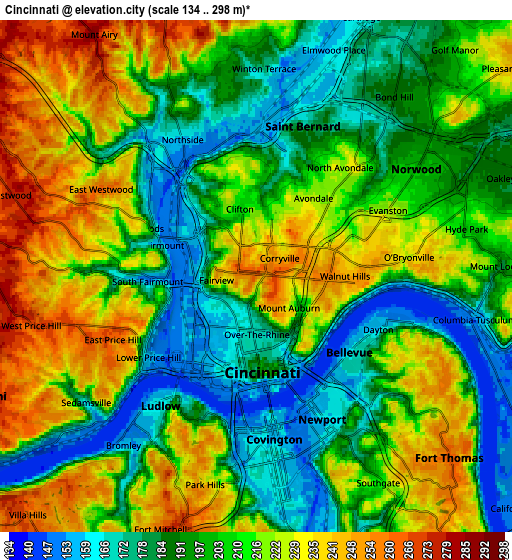 Zoom OUT 2x Cincinnati, United States elevation map