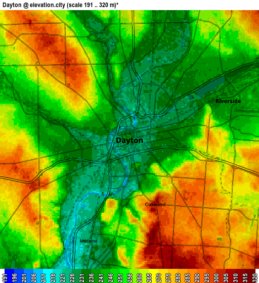 Zoom OUT 2x Dayton, United States elevation map