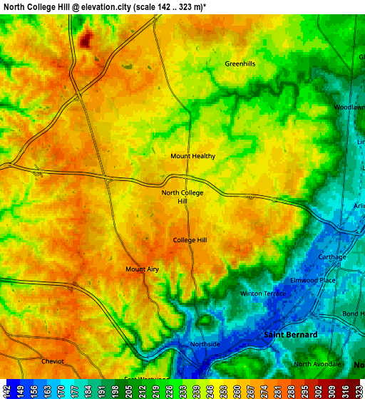 Zoom OUT 2x North College Hill, United States elevation map