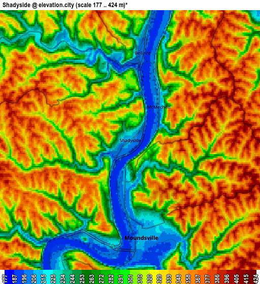 Zoom OUT 2x Shadyside, United States elevation map