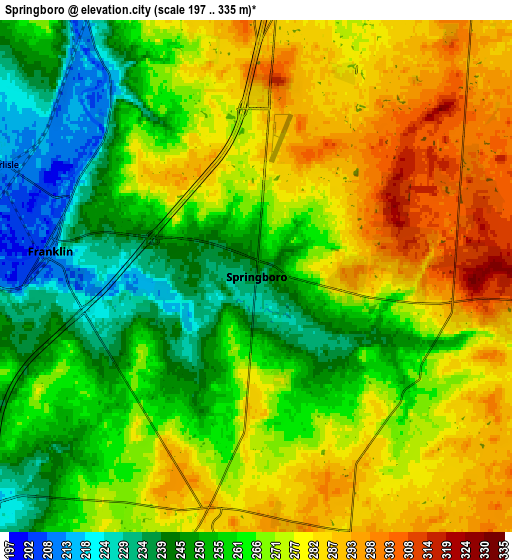 Zoom OUT 2x Springboro, United States elevation map