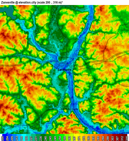 Zoom OUT 2x Zanesville, United States elevation map