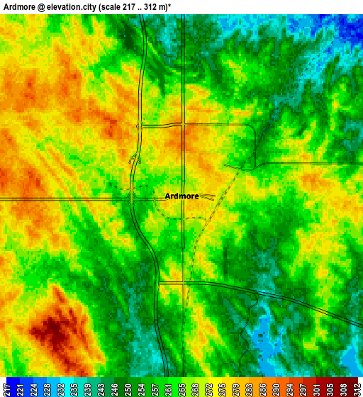 Zoom OUT 2x Ardmore, United States elevation map