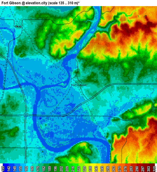 Zoom OUT 2x Fort Gibson, United States elevation map