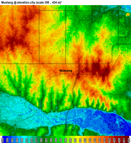 Zoom OUT 2x Mustang, United States elevation map