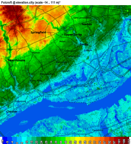 Zoom OUT 2x Folcroft, United States elevation map