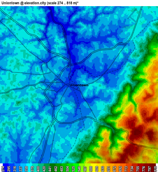 Zoom OUT 2x Uniontown, United States elevation map