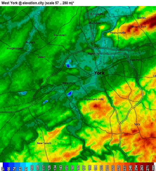 Zoom OUT 2x West York, United States elevation map