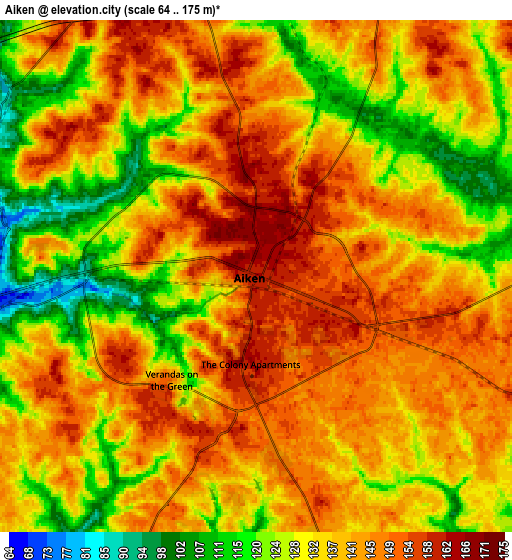 Zoom OUT 2x Aiken, United States elevation map