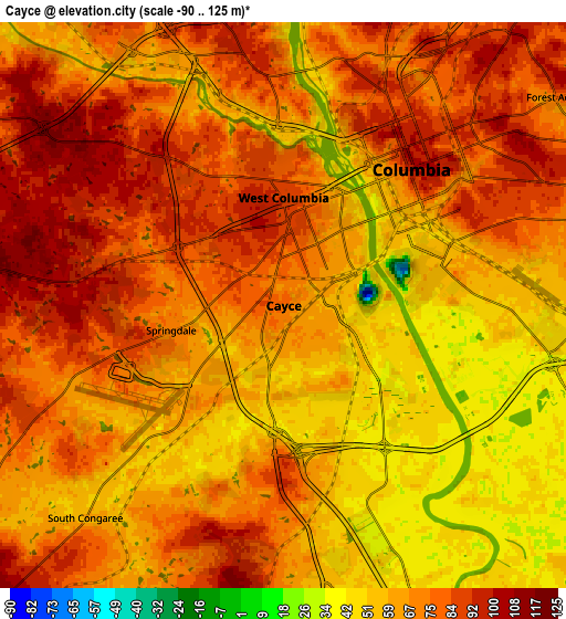 Zoom OUT 2x Cayce, United States elevation map