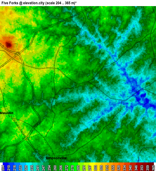 Zoom OUT 2x Five Forks, United States elevation map