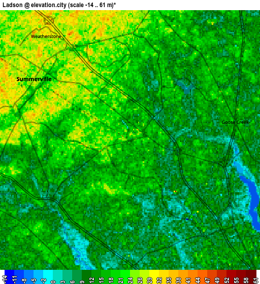 Zoom OUT 2x Ladson, United States elevation map