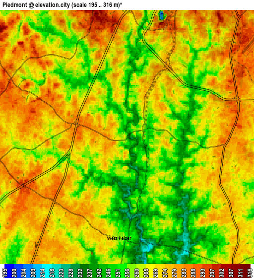 Zoom OUT 2x Piedmont, United States elevation map