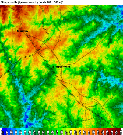 Zoom OUT 2x Simpsonville, United States elevation map