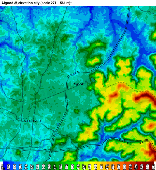 Zoom OUT 2x Algood, United States elevation map