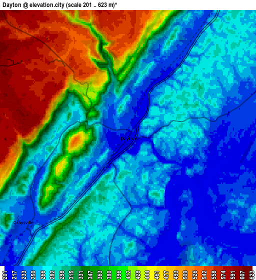 Zoom OUT 2x Dayton, United States elevation map