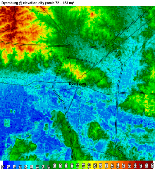 Zoom OUT 2x Dyersburg, United States elevation map