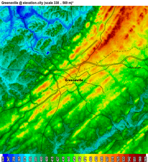 Zoom OUT 2x Greeneville, United States elevation map