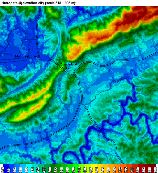 Zoom OUT 2x Harrogate, United States elevation map