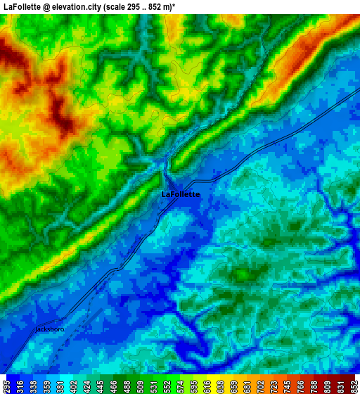 Zoom OUT 2x LaFollette, United States elevation map