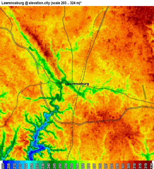 Zoom OUT 2x Lawrenceburg, United States elevation map