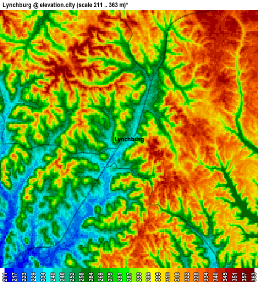 Zoom OUT 2x Lynchburg, United States elevation map