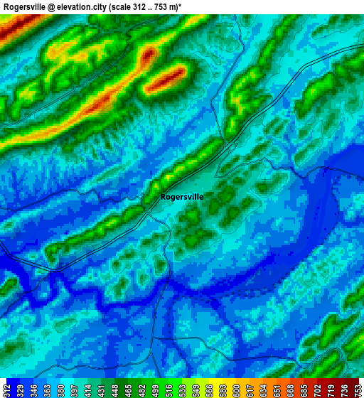 Zoom OUT 2x Rogersville, United States elevation map