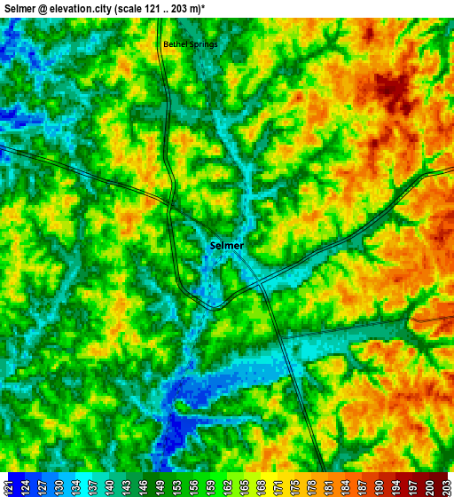 Zoom OUT 2x Selmer, United States elevation map