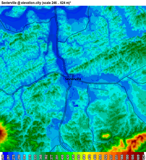 Zoom OUT 2x Sevierville, United States elevation map