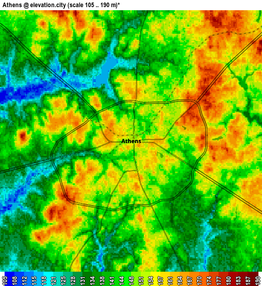 Zoom OUT 2x Athens, United States elevation map